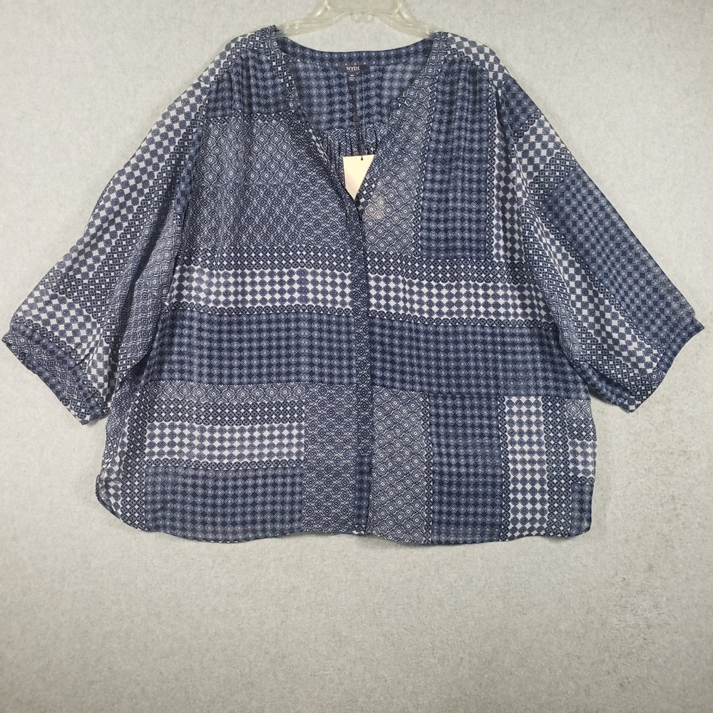 NYDJ Blue White Patchwork Geometric Print Blouse Top Sheer Sleeve Womens EXG 3X